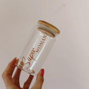 Drinking Glass Jar with Lid and Straw (Superwoman)