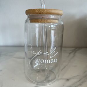 Drinking Glass Jar with Lid and Straw (Superwoman)