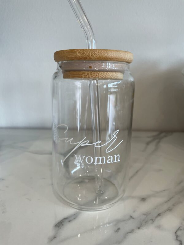 Drinking Glass Jar with Lid and Straw (Superwoman)