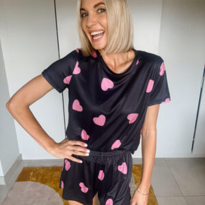 Pajama set - Black with pink hearts (Small)