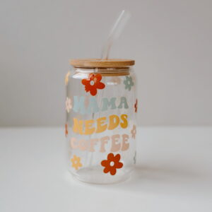 Drinking Glass Jar with Lid and Straw (Mama Needs Coffee)