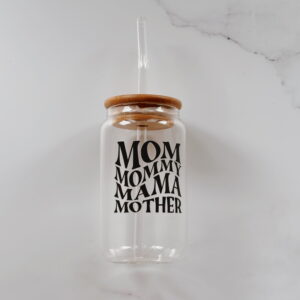 🐆 Drinking Glass Jar with Lid and Straw (Mom, Mommy, Mama, Mother)