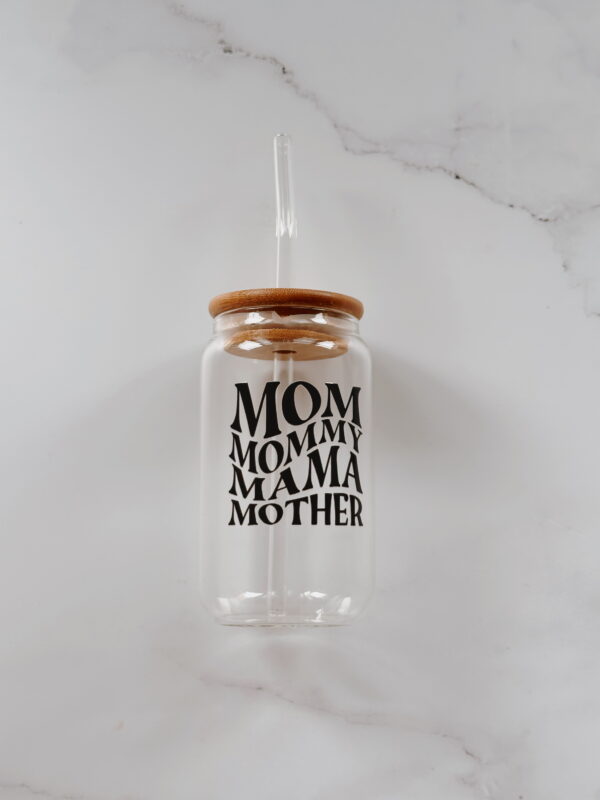 🐆 Drinking Glass Jar with Lid and Straw (Mom, Mommy, Mama, Mother)