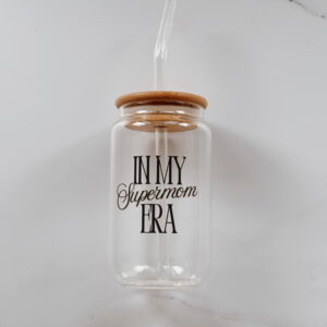 🐆 Drinking Glass Jar with Lid and Straw (In my SuperMom Era)
