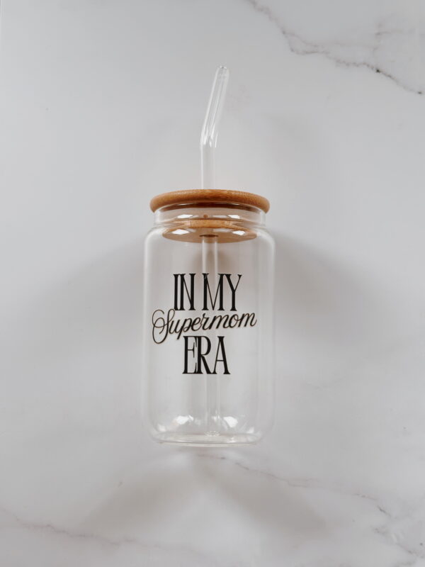 🐆 Drinking Glass Jar with Lid and Straw (In my SuperMom Era)