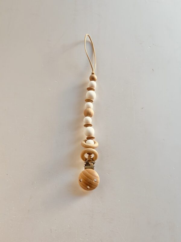 🌸Baby Dummy Clip - Beads White & Wood