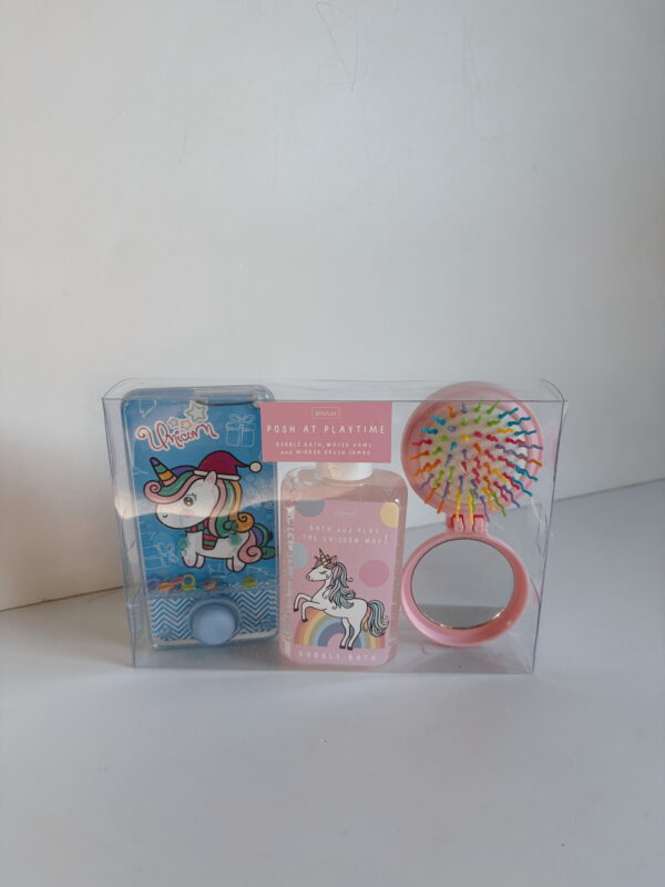 Unicorn Posh At Playtime - 150ml Bubble Bath, Water Game (6 x 13cm) & Fold Up Mirror Brush Combo (13cm)
