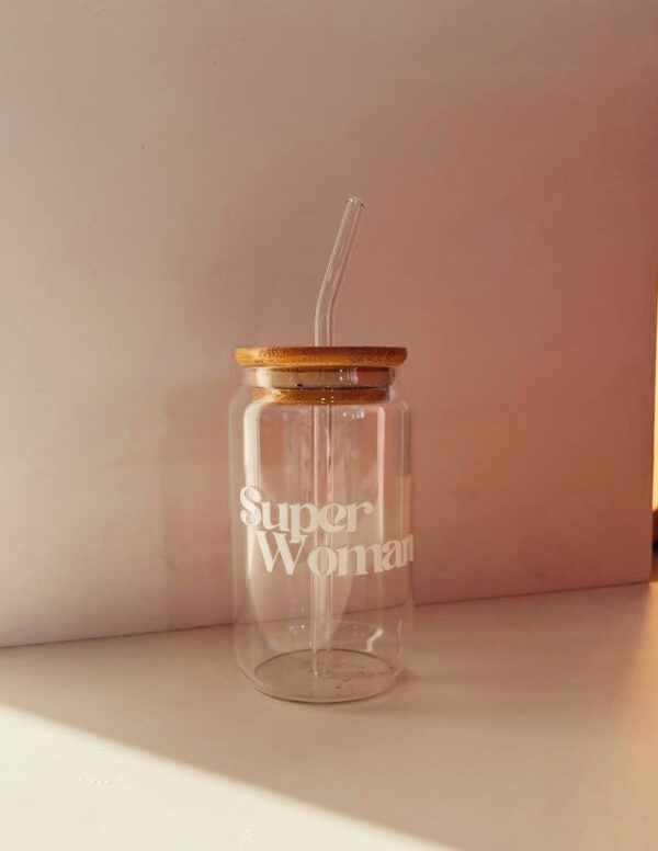 🌸🫶🏼Drinking Glass Jar with Lid and Straw (Superwoman)